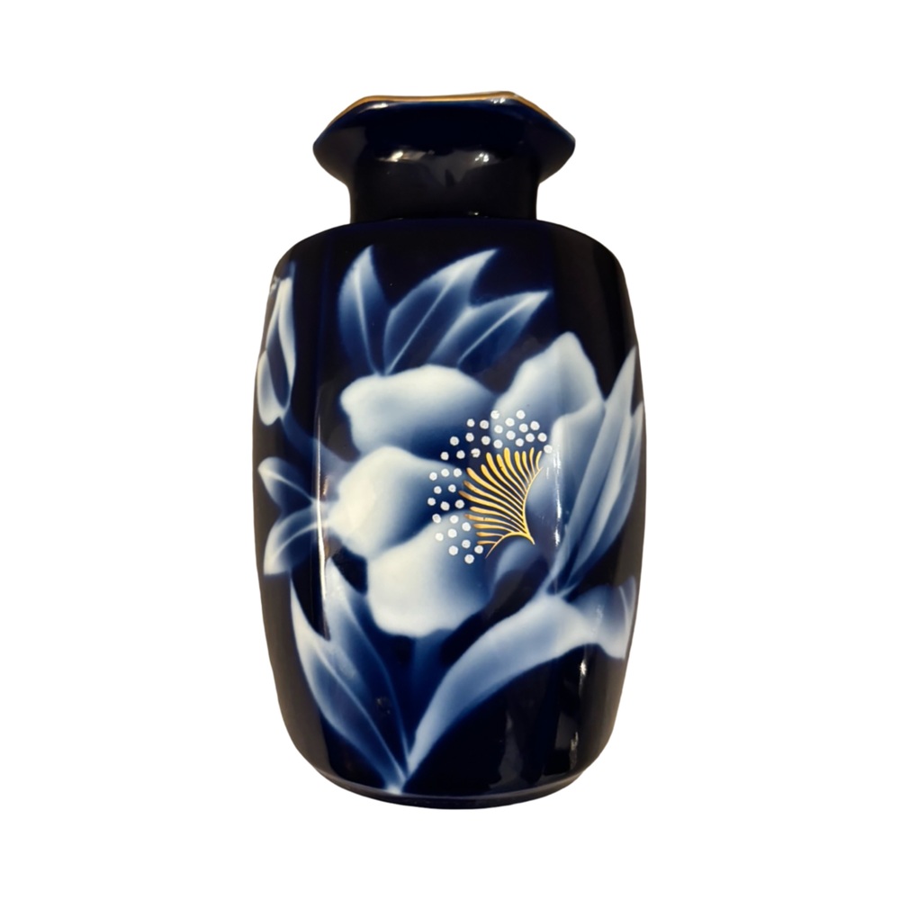 Vintage Arita-ware Fukagawa-style Japanese Floral Porcelain Navy Cobalt Vase